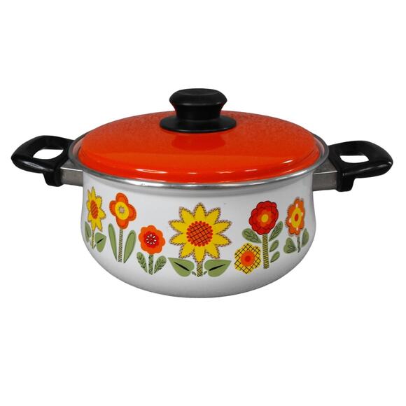 Retro Floral Enamel Cook Pot with Lid – Red/Yellow Flowers 2-Qt - Picture 1 of 12